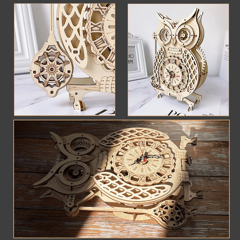 Wooden Owl Pendulum Vintage Clock DIY 3D Puzzle Kit for Adults, Children, and Teens