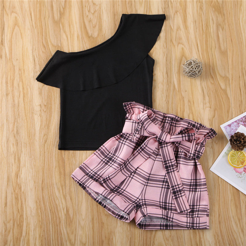 Girls Kids One Shoulder Black Ruffle Tops Plaid Shorts