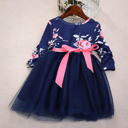 Mother Daughter Dresses Long Sleeve Floral Family Matching Mommy And Me Dress Mesh Bow Princess Baby Girl Dresses Clothes