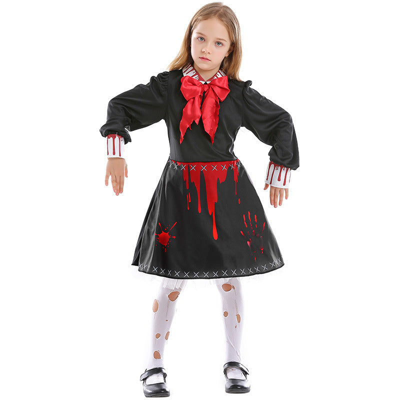 Family Horror Doll Costume Women Gothic Bloody Zombie Scary Costume Adult Halloween Horror Doll Cosplay Costume For Kids