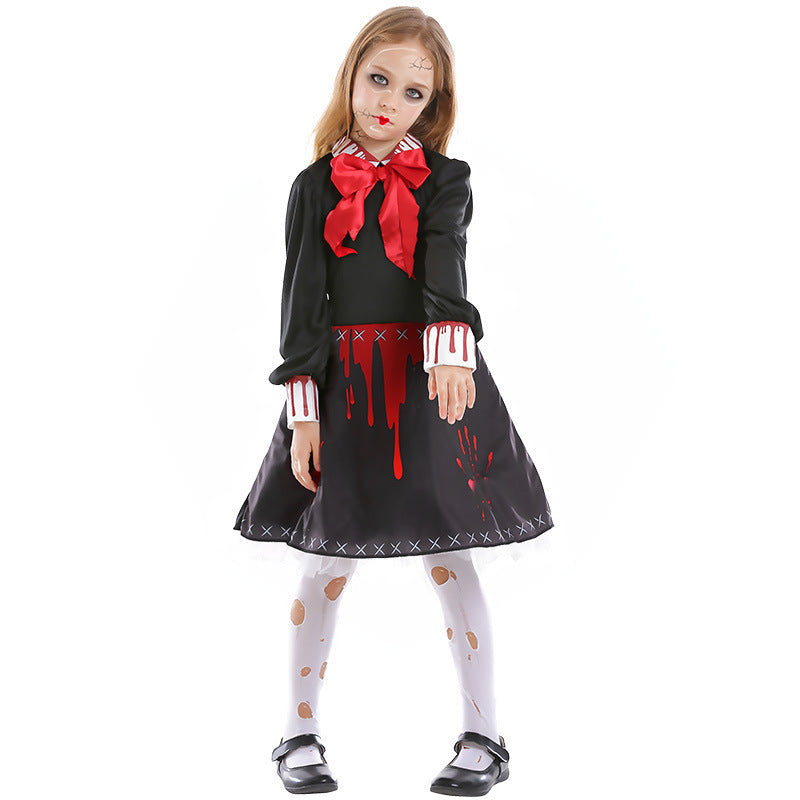 Family Horror Doll Costume Women Gothic Bloody Zombie Scary Costume Adult Halloween Horror Doll Cosplay Costume For Kids