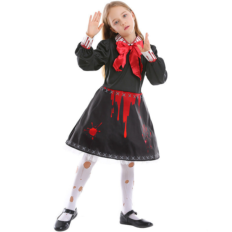 Family Horror Doll Costume Women Gothic Bloody Zombie Scary Costume Adult Halloween Horror Doll Cosplay Costume For Kids