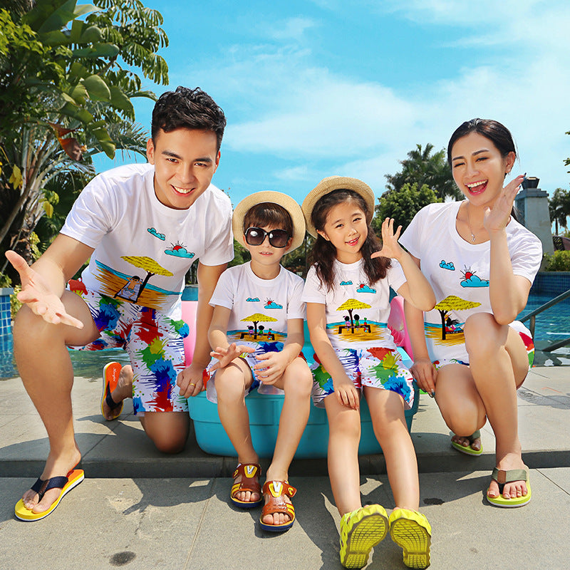 Beach Family Matching Outfits Mother Daughter Father Son Mommy and Me Clothes Cotton T-shirt Quick Dry Shorts Clothing Set