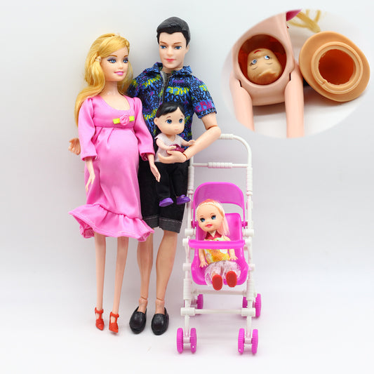 Doll Family Group Little Girl Little Boy Pregnant Mother Dad Stroller