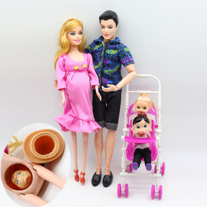 Doll Family Group Little Girl Little Boy Pregnant Mother Dad Stroller