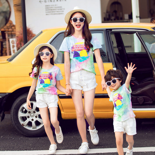 Western Style Tie-dye Cotton Short-sleeved T-shirt New Family Of Four Family Wear