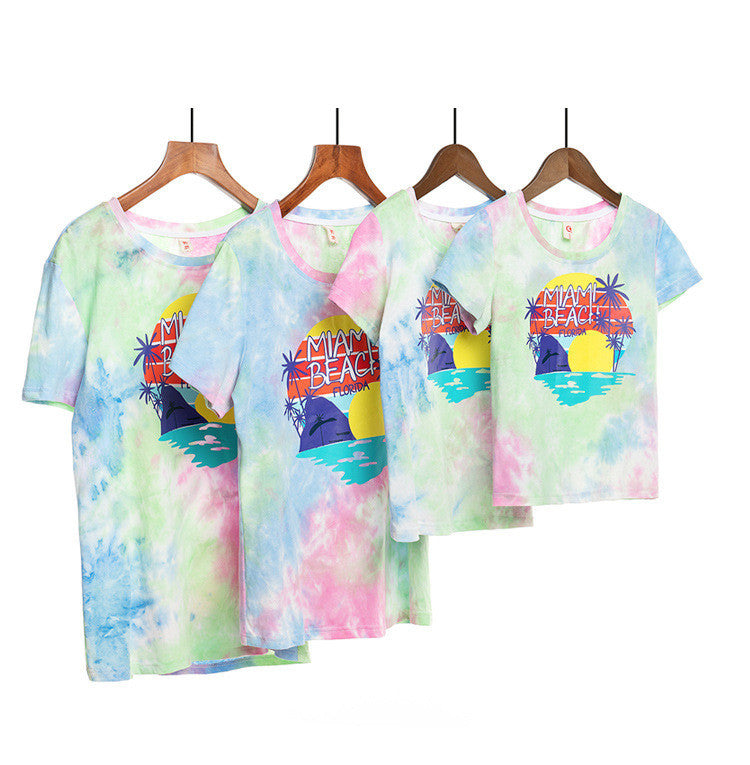 Western Style Tie-dye Cotton Short-sleeved T-shirt New Family Of Four Family Wear