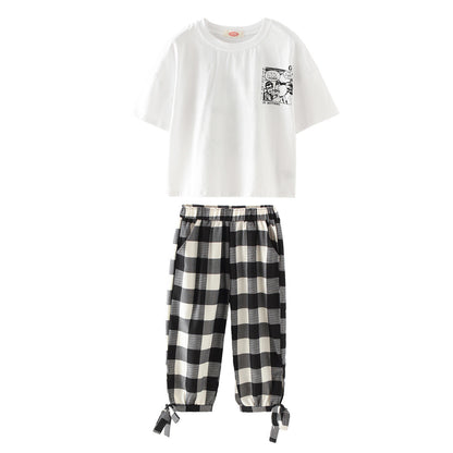 Two-piece printed plaid cropped trousers