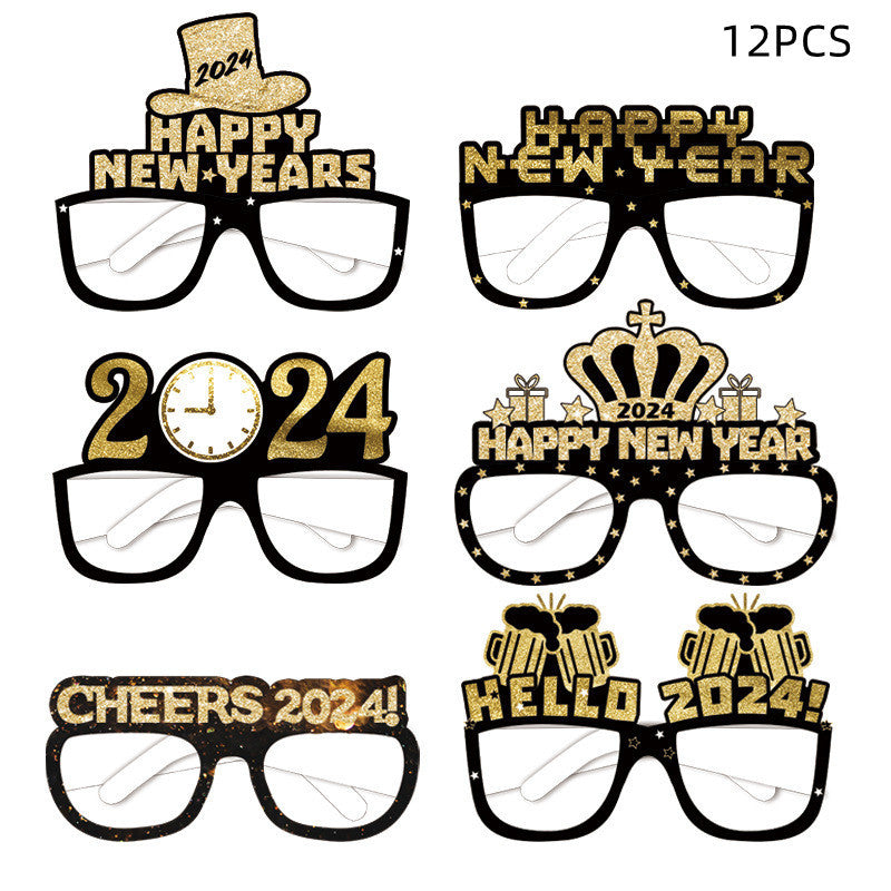 6pcs-12pcs Black Gold 3D Glasses 2024 Happy New Year Children Kids Party Photograph Decoration Props