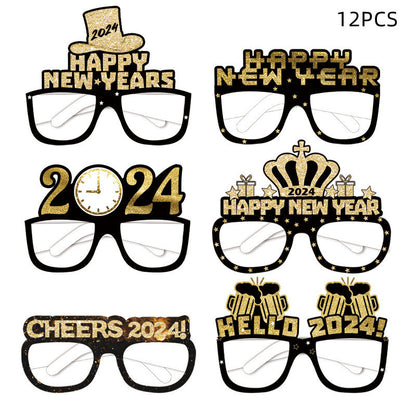 6pcs-12pcs Black Gold 3D Glasses 2024 Happy New Year Children Kids Party Photograph Decoration Props