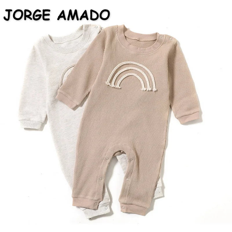 "2021 Autumn Baby Romper with Rainbow Long Sleeves - Cotton Pullover Jumpsuit for Newborn Boys and Girls"