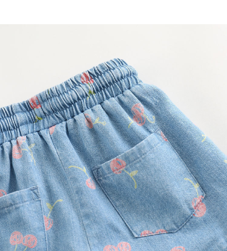 Girls' cherry cherry cotton denim shorts