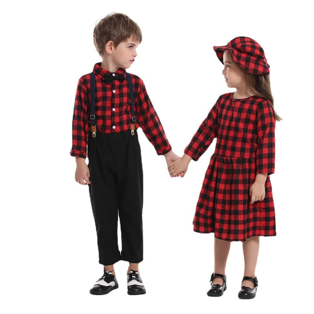 Christmas Sisters And Brothers Autumn Plaid Shirt Long Sleeve Bib Two Piece Set