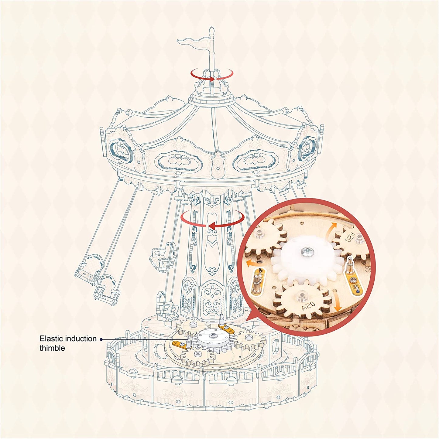 "Rokr Magic Amusement Park Swing Ride 3D Wooden Puzzles Construction Model Kit - DIY Music Box Rotating Building Kit"