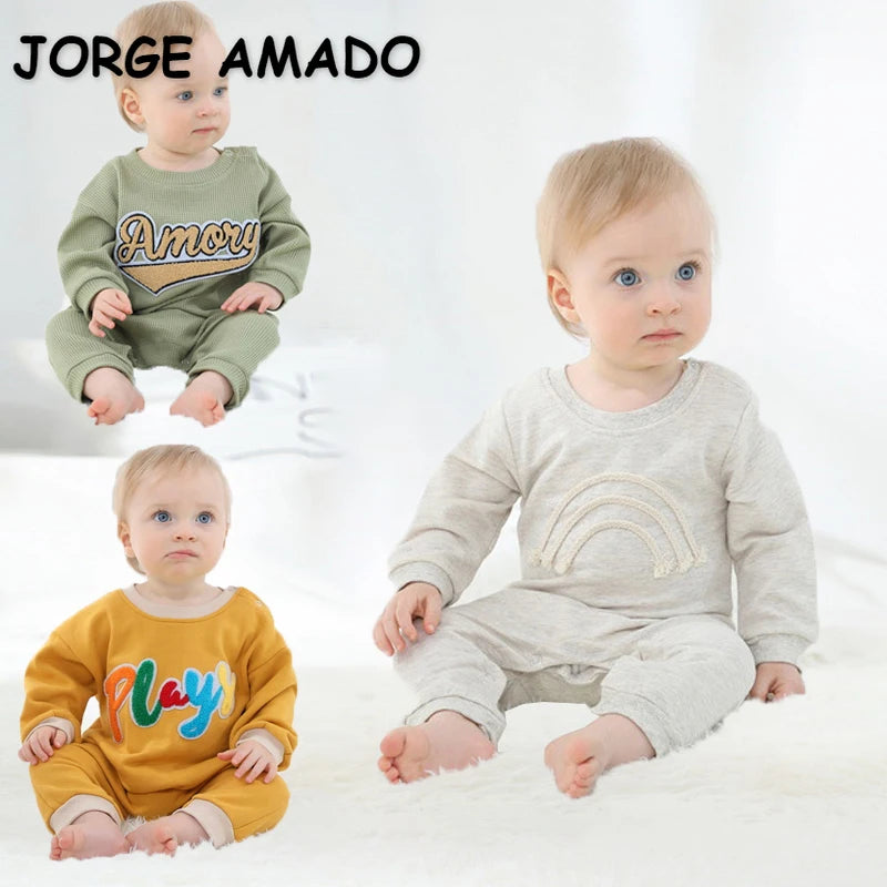 "2021 Autumn Baby Romper with Rainbow Long Sleeves - Cotton Pullover Jumpsuit for Newborn Boys and Girls"