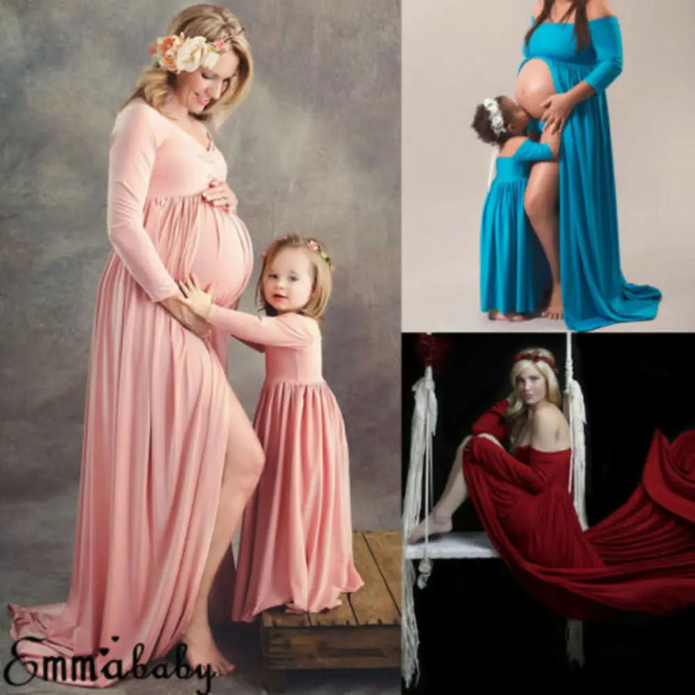 Elegant Maternity Maxi Dress Set for Mother and Daughter Photography