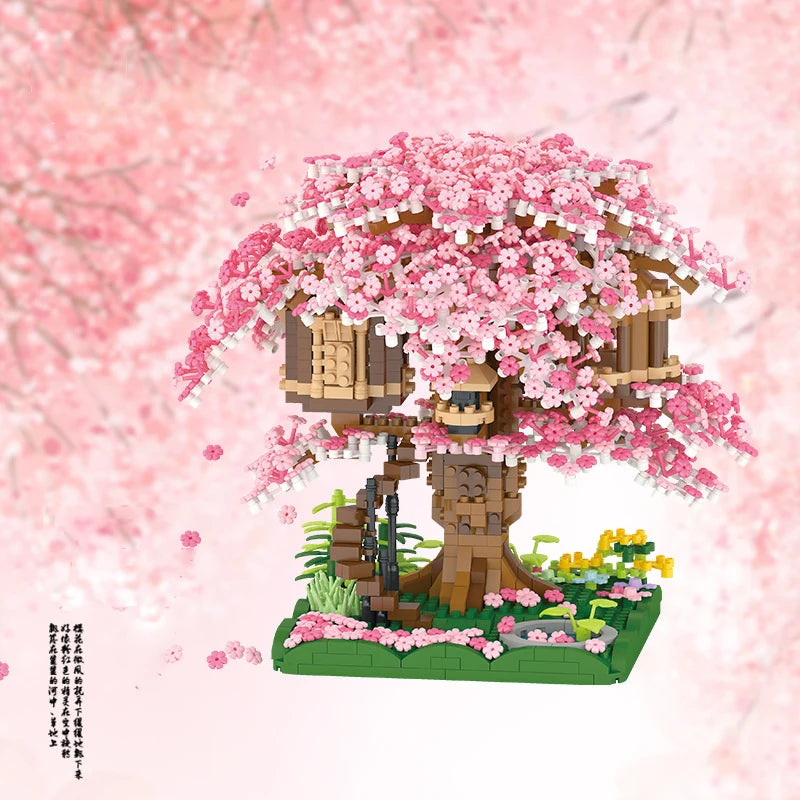 "2138-Piece Sakura Tree House Model Building Blocks Set - Educational City Street View Cherry Blossom Theme Toy for Kids"