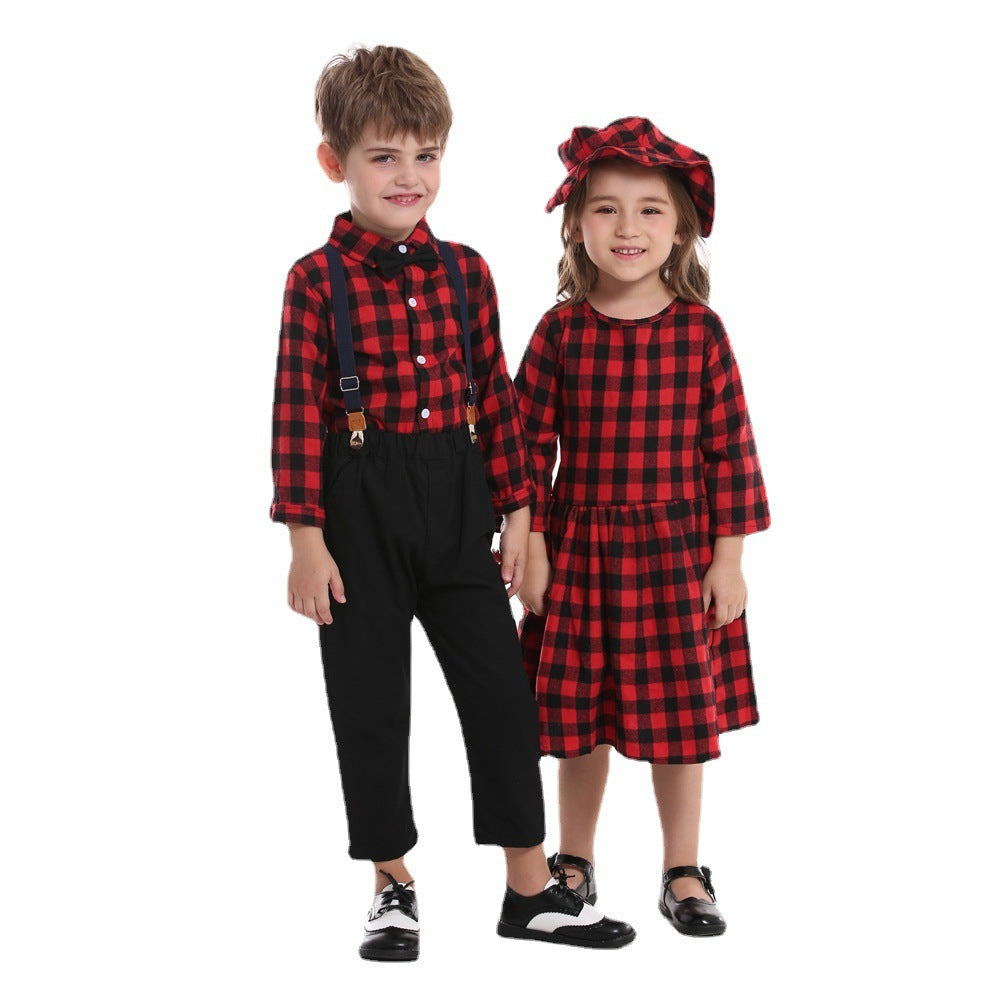 Christmas Sisters And Brothers Autumn Plaid Shirt Long Sleeve Bib Two Piece Set