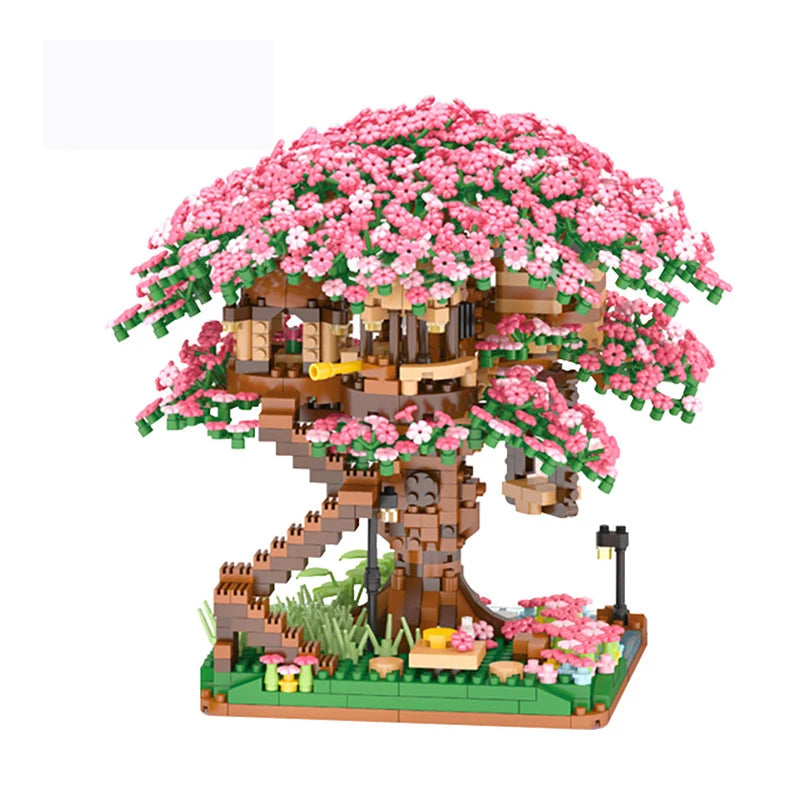 "2138-Piece Sakura Tree House Model Building Blocks Set - Educational City Street View Cherry Blossom Theme Toy for Kids"