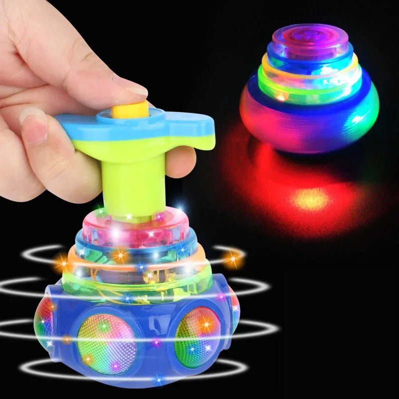 LED UFO Flashing Spinning Top Gyroscope Launcher for Kids - Light Up Music Toy with Rotating Piggy Design