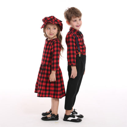 Christmas Sisters And Brothers Autumn Plaid Shirt Long Sleeve Bib Two Piece Set