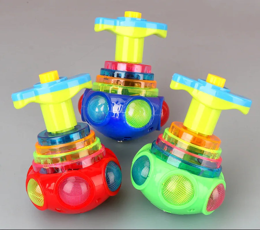 LED UFO Flashing Spinning Top Gyroscope Launcher for Kids - Light Up Music Toy with Rotating Piggy Design