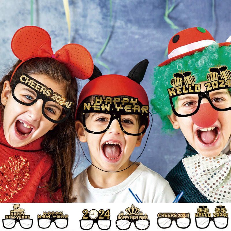 6pcs-12pcs Black Gold 3D Glasses 2024 Happy New Year Children Kids Party Photograph Decoration Props