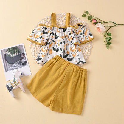 Girls floral sling top shorts two-piece suit