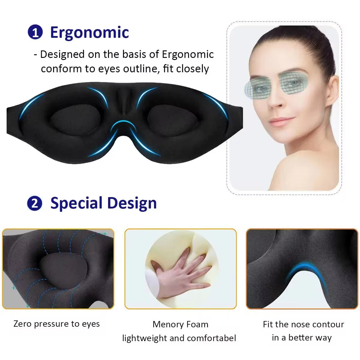 3D Contoured Cup Eye Mask for Sleeping with Concave Molded Design - Block Out Light for Men and Women