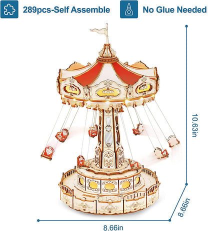 "Rokr Magic Amusement Park Swing Ride 3D Wooden Puzzles Construction Model Kit - DIY Music Box Rotating Building Kit"