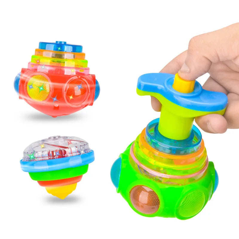 LED UFO Flashing Spinning Top Gyroscope Launcher for Kids - Light Up Music Toy with Rotating Piggy Design