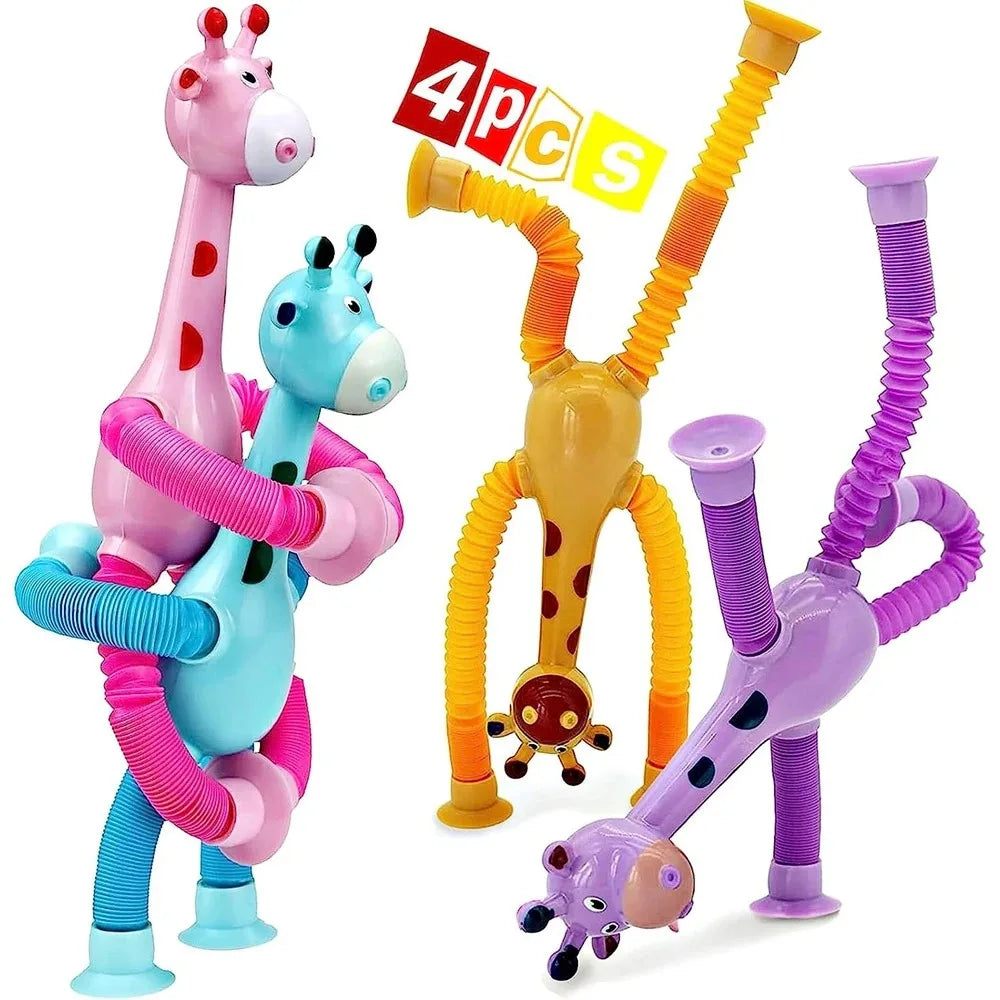 Set of 4 Telescopic Suction Cup Giraffe Sensory Tubes - Travel Toys for Children with Autism