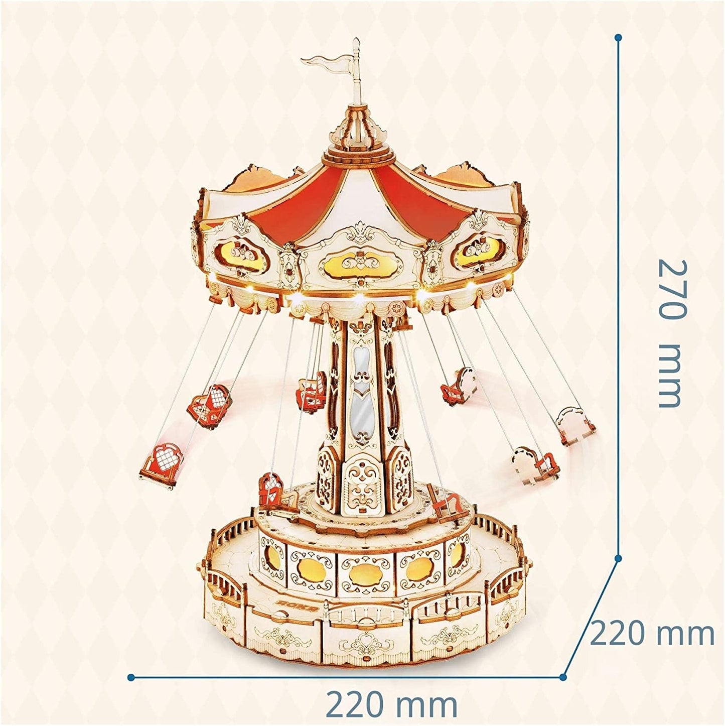 "Rokr Magic Amusement Park Swing Ride 3D Wooden Puzzles Construction Model Kit - DIY Music Box Rotating Building Kit"