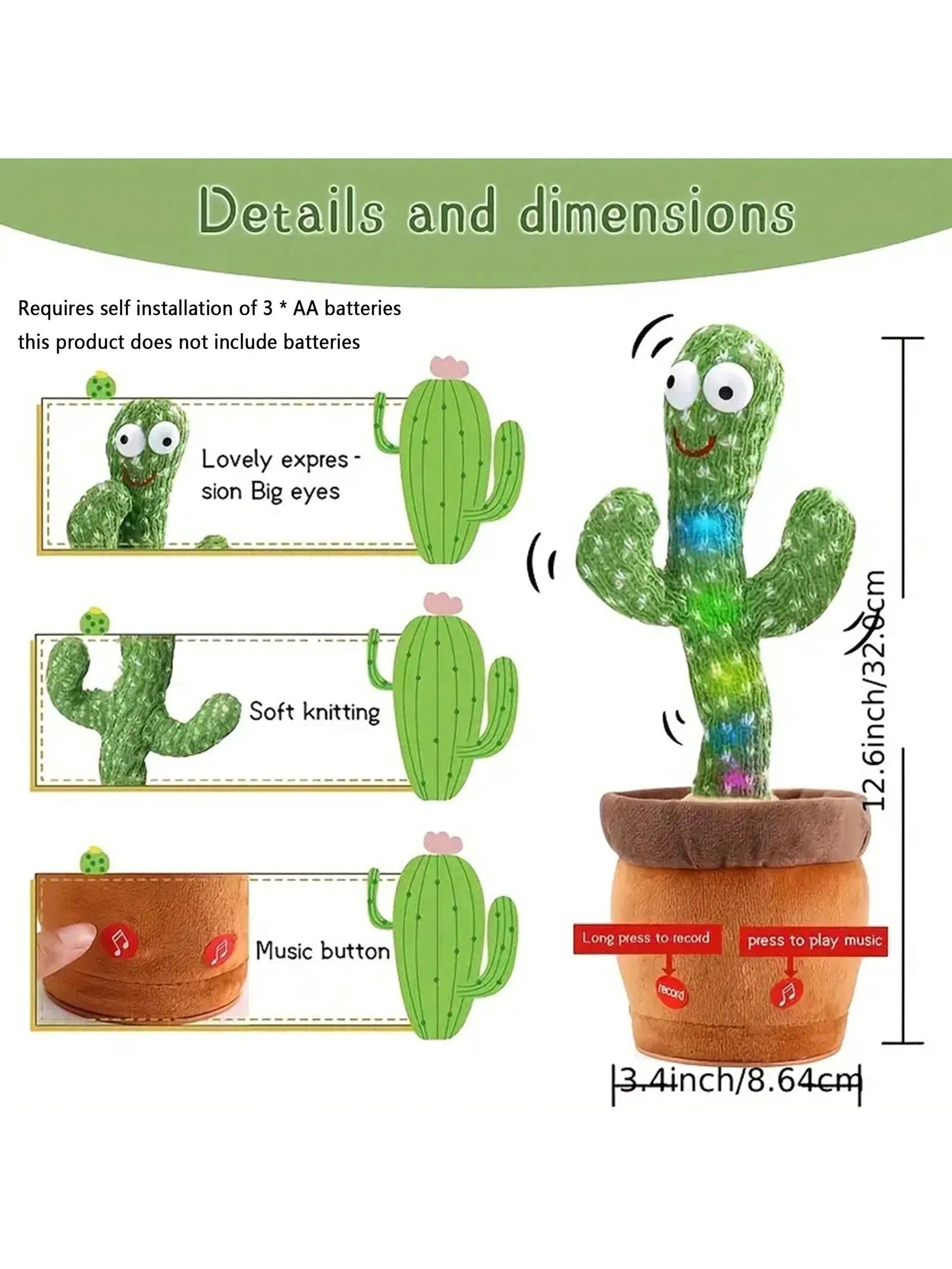 "Dancing Talking Cactus Toy for Infants, Singing, Mimicking, Recording, Repeating, Sunny Cactus Theme"