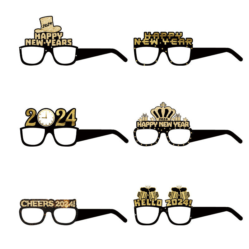 6pcs-12pcs Black Gold 3D Glasses 2024 Happy New Year Children Kids Party Photograph Decoration Props