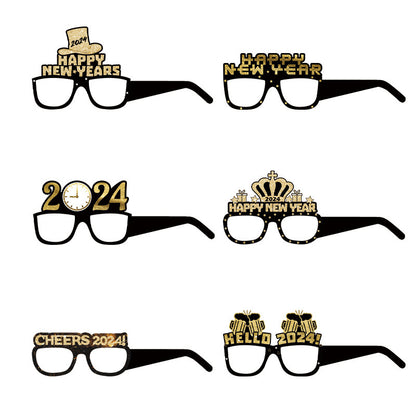 6pcs-12pcs Black Gold 3D Glasses 2024 Happy New Year Children Kids Party Photograph Decoration Props