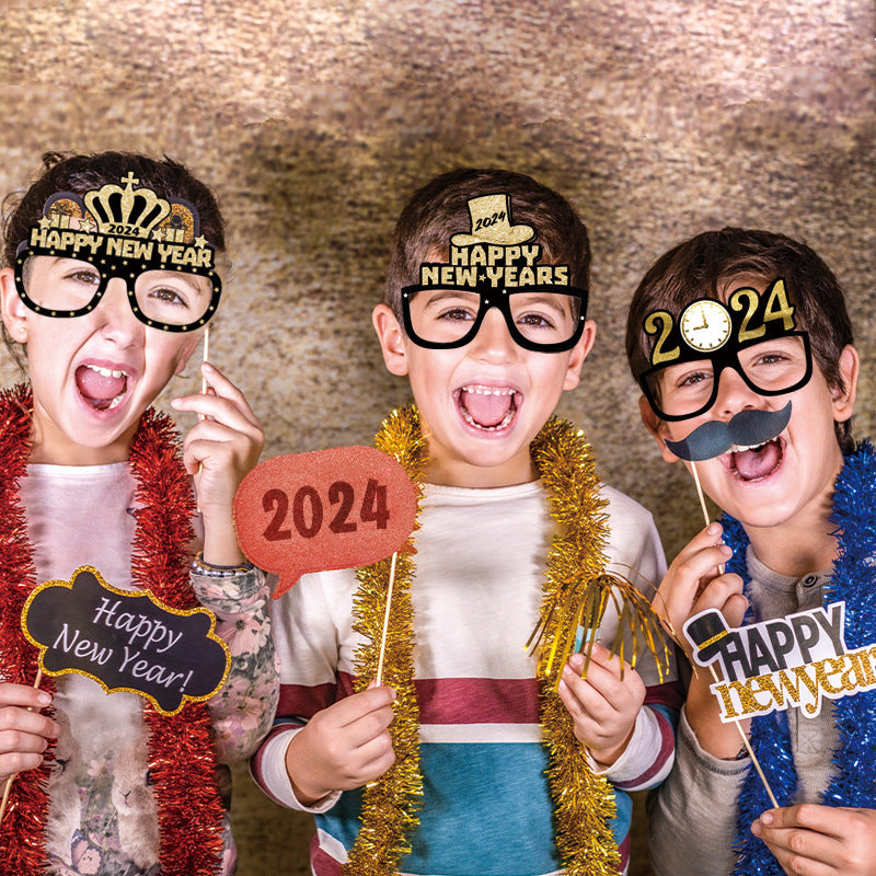 6pcs-12pcs Black Gold 3D Glasses 2024 Happy New Year Children Kids Party Photograph Decoration Props