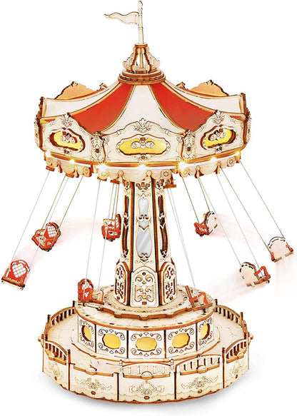 "Rokr Magic Amusement Park Swing Ride 3D Wooden Puzzles Construction Model Kit - DIY Music Box Rotating Building Kit"