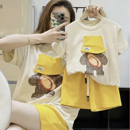 A Family Of Three Parent-child Hooded Short-sleeved T-shirt Baby Jumpsuit