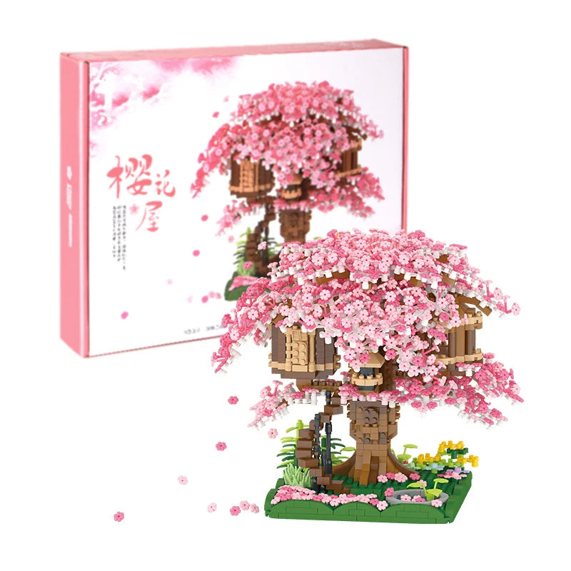 "2138-Piece Sakura Tree House Model Building Blocks Set - Educational City Street View Cherry Blossom Theme Toy for Kids"