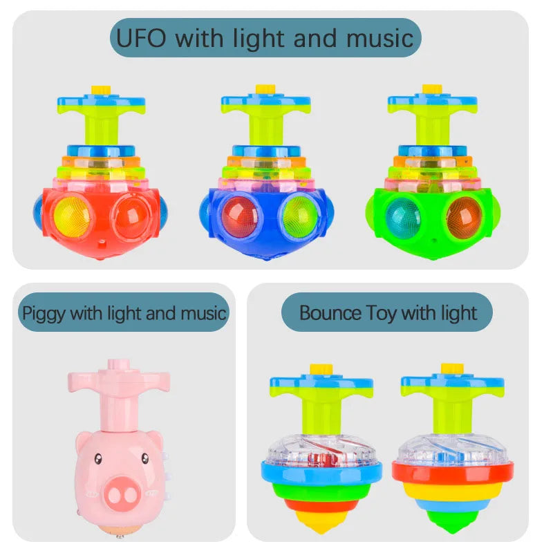 LED UFO Flashing Spinning Top Gyroscope Launcher for Kids - Light Up Music Toy with Rotating Piggy Design