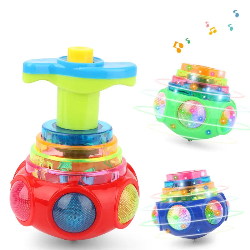 LED UFO Flashing Spinning Top Gyroscope Launcher for Kids - Light Up Music Toy with Rotating Piggy Design