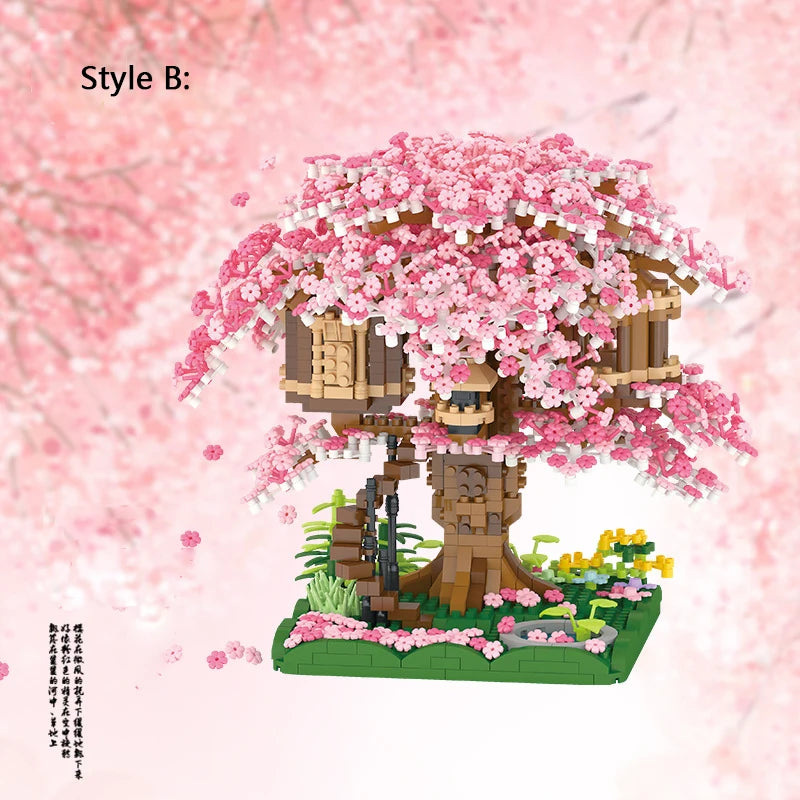 "2138-Piece Sakura Tree House Model Building Blocks Set - Educational City Street View Cherry Blossom Theme Toy for Kids"