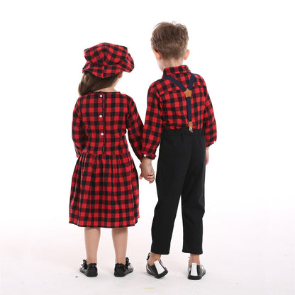 Christmas Sisters And Brothers Autumn Plaid Shirt Long Sleeve Bib Two Piece Set