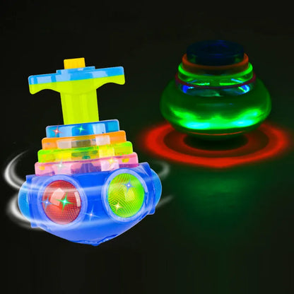 LED UFO Flashing Spinning Top Gyroscope Launcher for Kids - Light Up Music Toy with Rotating Piggy Design