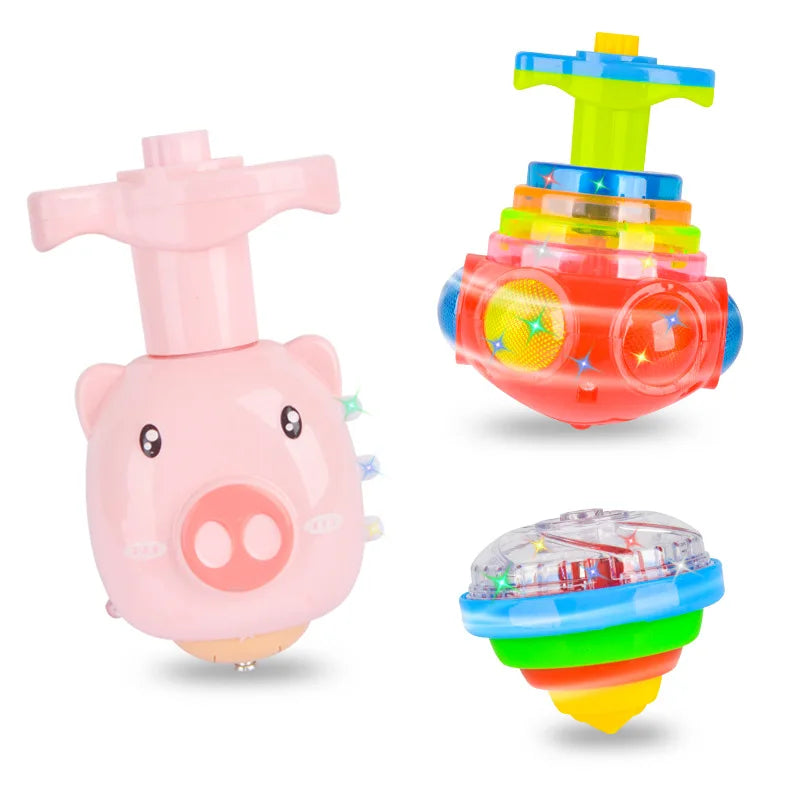 LED UFO Flashing Spinning Top Gyroscope Launcher for Kids - Light Up Music Toy with Rotating Piggy Design