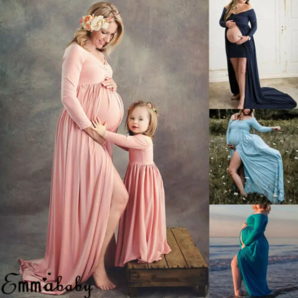 Elegant Maternity Maxi Dress Set for Mother and Daughter Photography