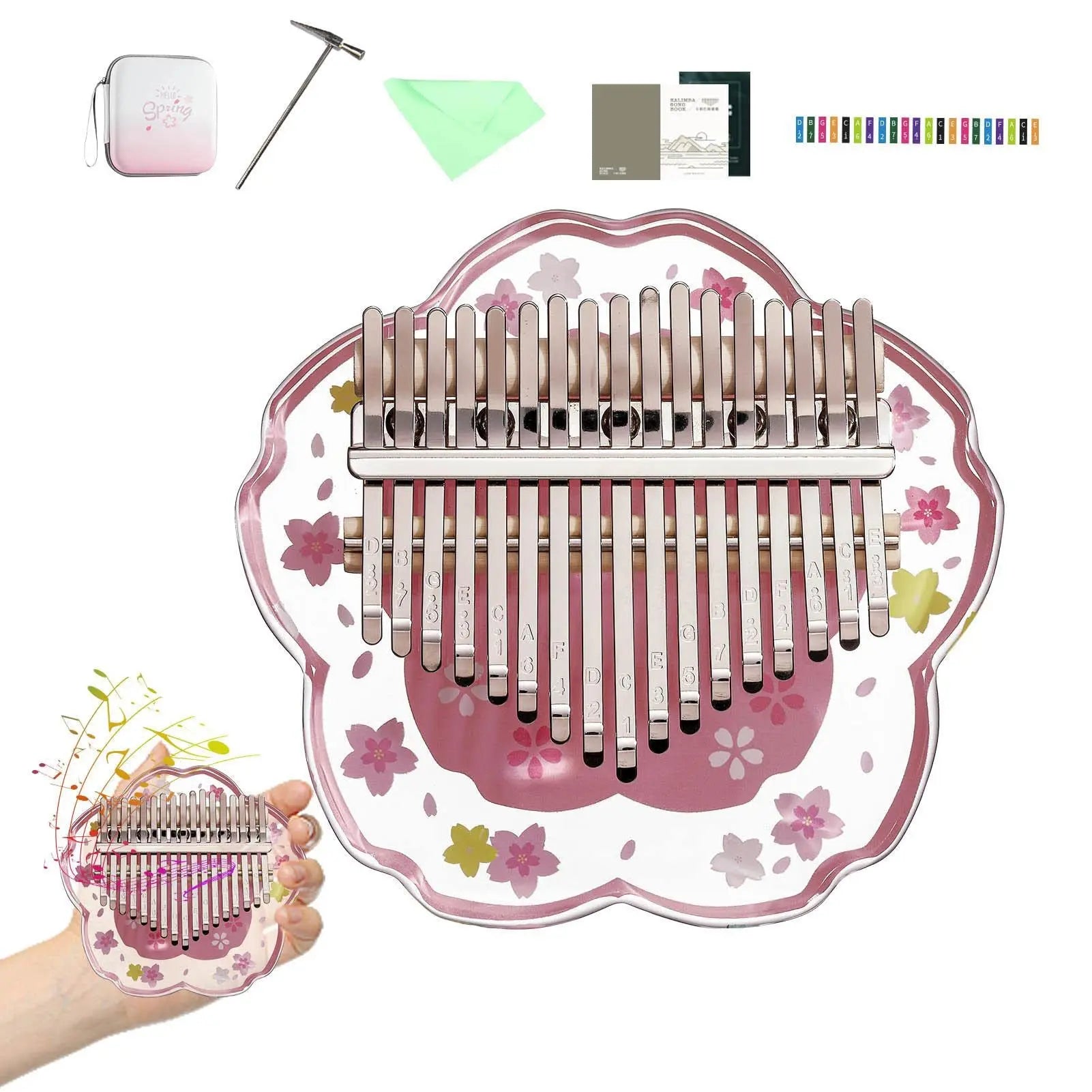 "17-Key Kalimba Thumb Piano with Acrylic Cherry Blossom Design, Tuning Hammer, and Instruction Booklet"