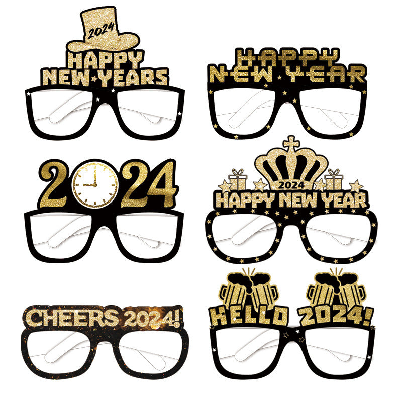 6pcs-12pcs Black Gold 3D Glasses 2024 Happy New Year Children Kids Party Photograph Decoration Props